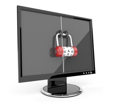 Monitors with lock. Computer security. 3d isolated clipart