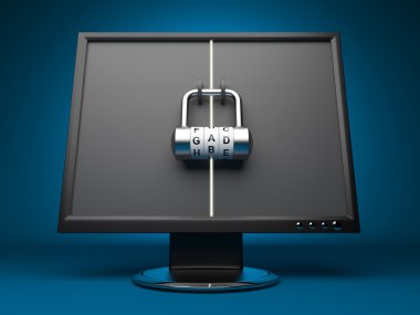 Monitor with lock. Computer security. 3d clipart