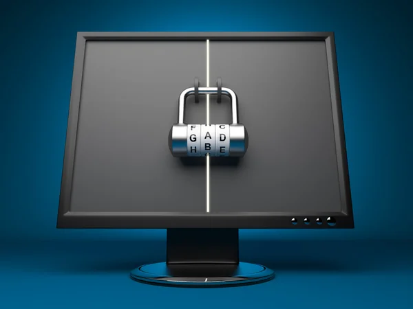 Monitor mit Schloss. Computersicherheit. 3d — Stockfoto