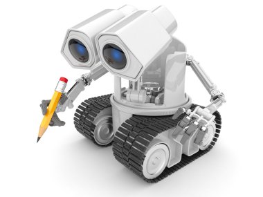 Robot hold a pencil in a hand. 3d person. illustration isolated clipart