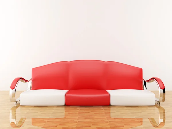 Canapea roșie într-o cameră goală. Interior 3D — Fotografie, imagine de stoc
