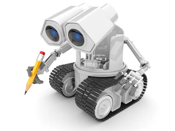 O robô segura um lápis em uma mão. Pessoa 3d. ilustração isolada — Fotografia de Stock