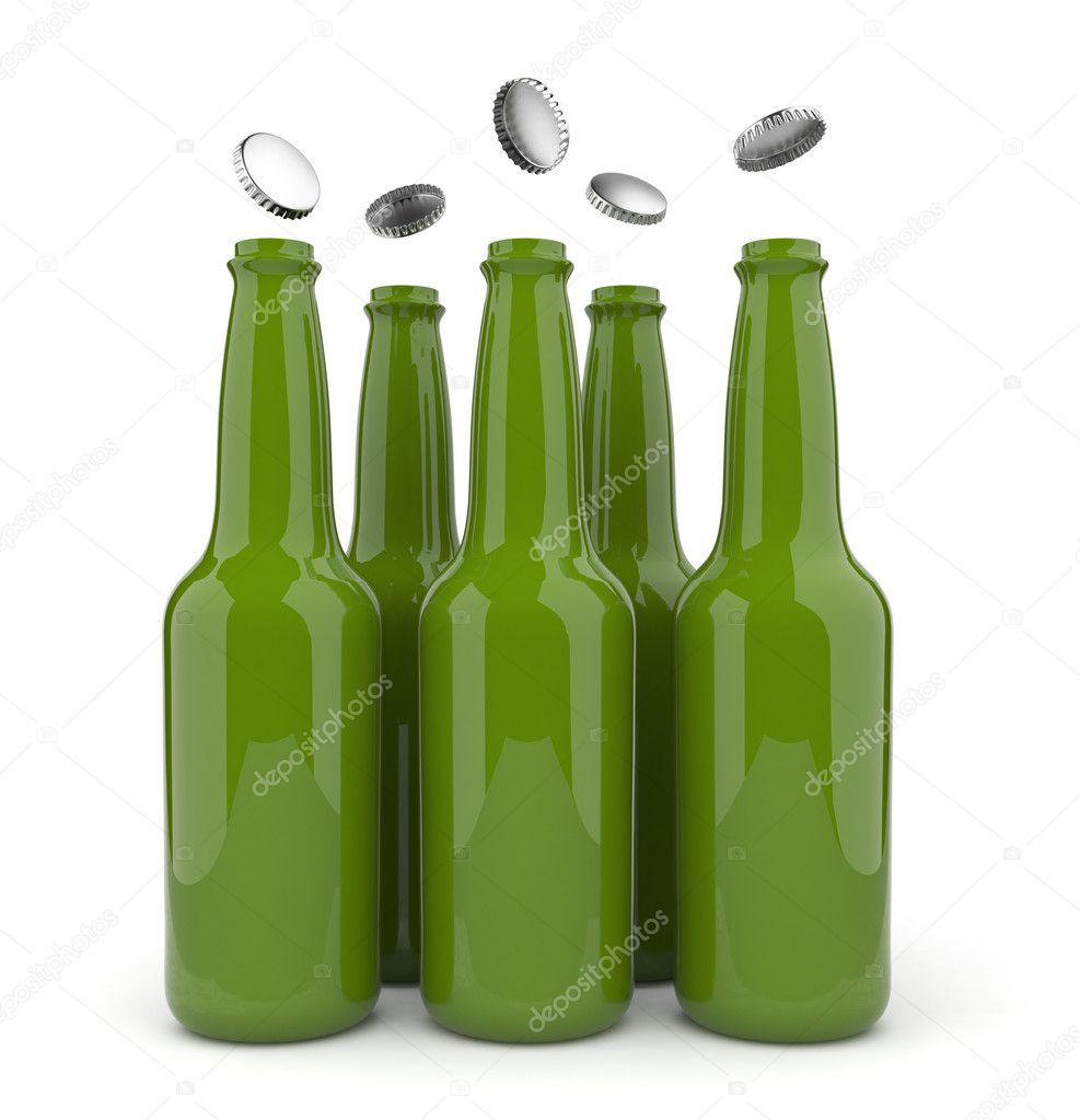 Bottles with beer and opening cap. 3d isolated