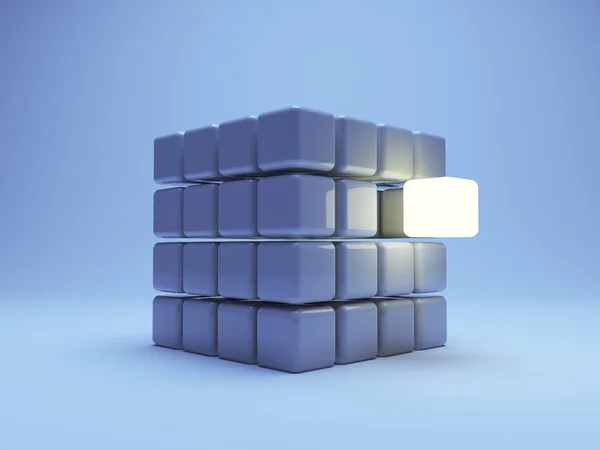 Cubo iluminado 3d sobre fundo azul — Fotografia de Stock