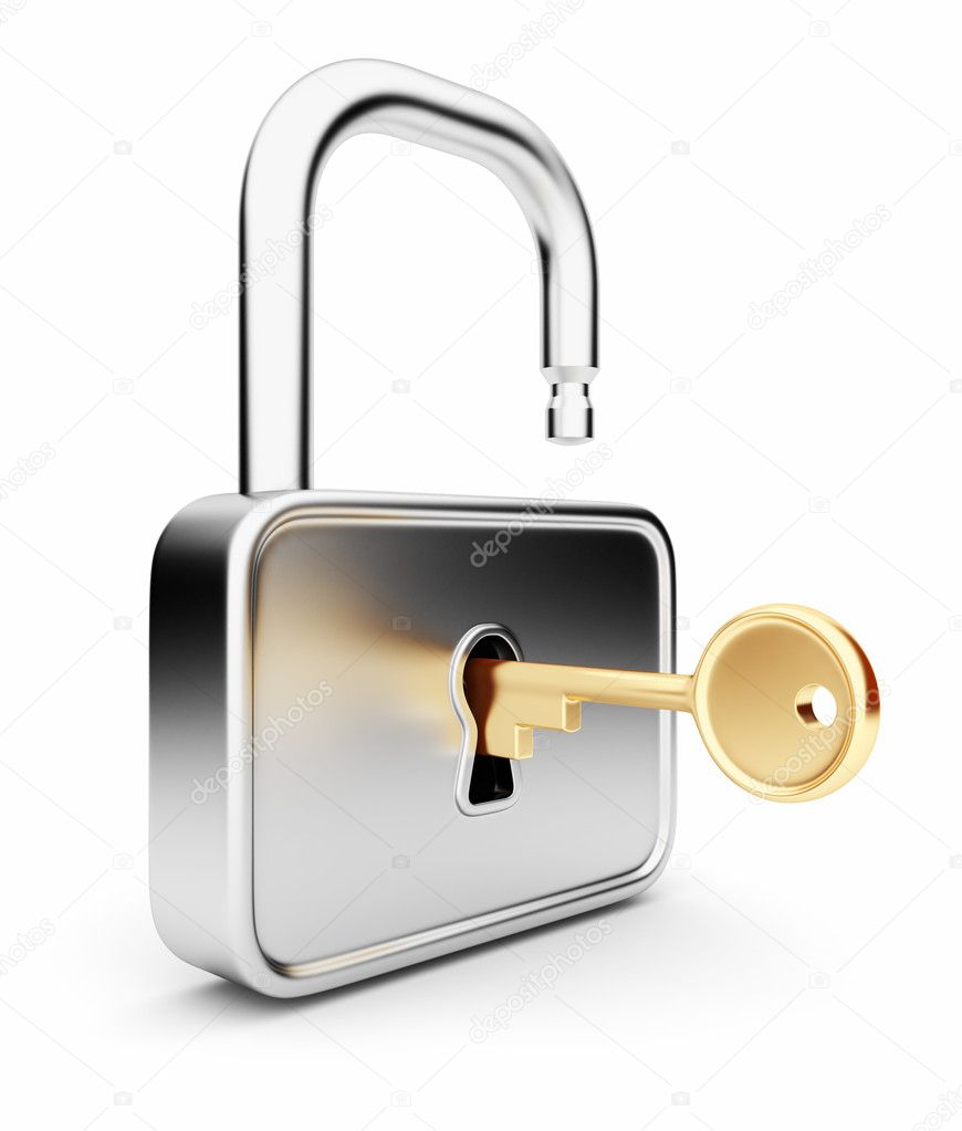 Gold key in the metal lock. Isolated 3D. Security