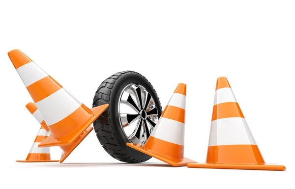 Automobile wheel has collided cones — Stock Photo, Image
