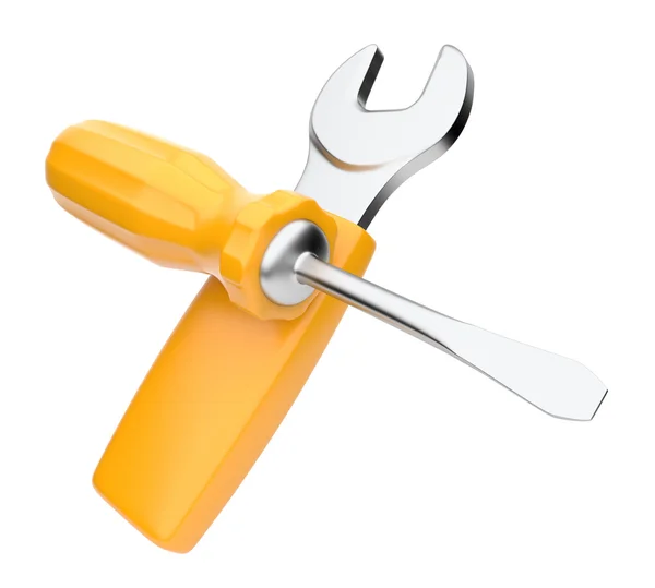 Желтый гаечный ключ и отвертка инструмент. Икона. Изолятор 3D-иллюстраций — стоковое фото