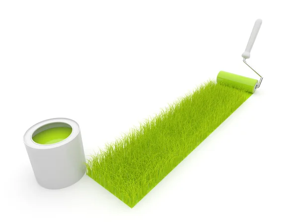 O rolo de pintura desenha uma grama. Isolado. Ilustração 3D — Fotografia de Stock