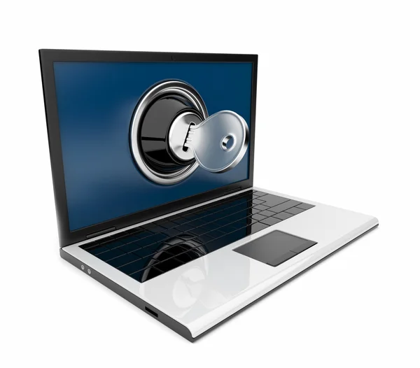 Laptop 3d z zamka i klucza. bezpieczeństwo komputera. na białym tle na Zielone Świątki — Zdjęcie stockowe