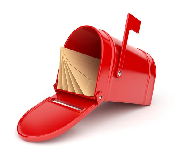 Červená poštovní schránka s písmeny. 3D ilustrace izolované — Stock fotografie