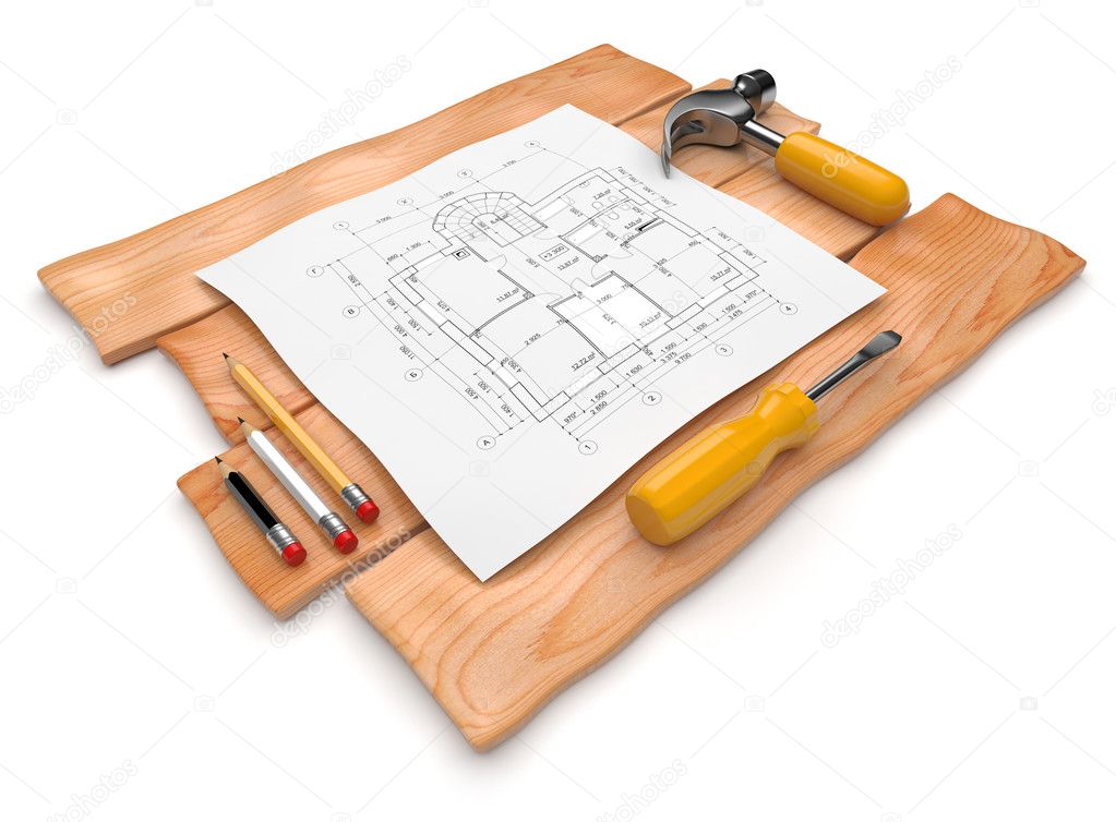 Plan of construction. Place of work. 3D illustration isolated on