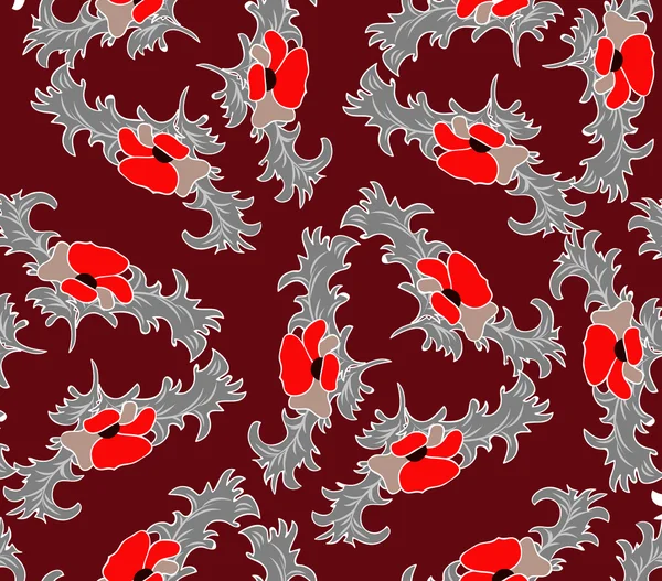 暗红色的无缝纹理与罂粟 — 图库矢量图片