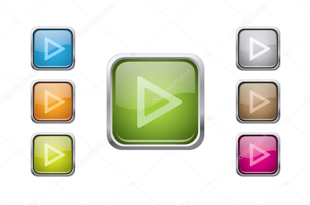Vector multicolored glossy rounded square buttons with play sign