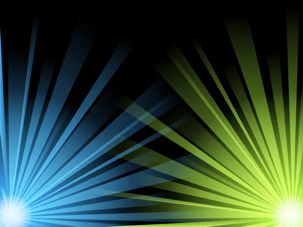 Ilustração abstrata de feixes de luz azul e verde em preto — Vetor de Stock
