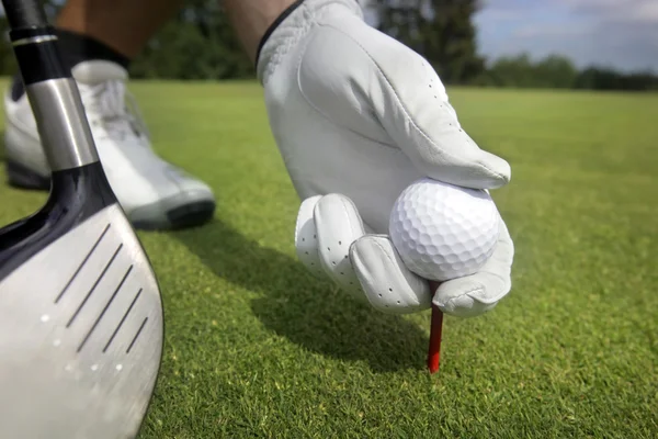 Colocar bola de golfe em um tee — Fotografia de Stock