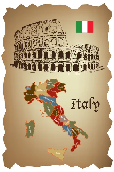 Italia mapa y Coliseo sobre papel viejo — Vector de stock