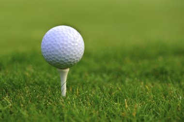 Golf ball on tee over a green clipart