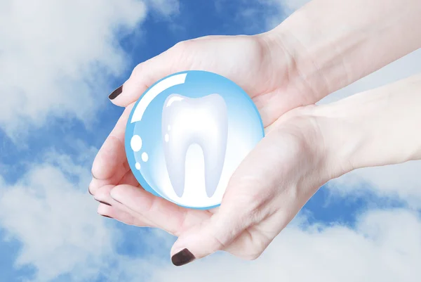 Hände, die Zahn in Glaskugel halten, Zahnmedizin — Stockfoto