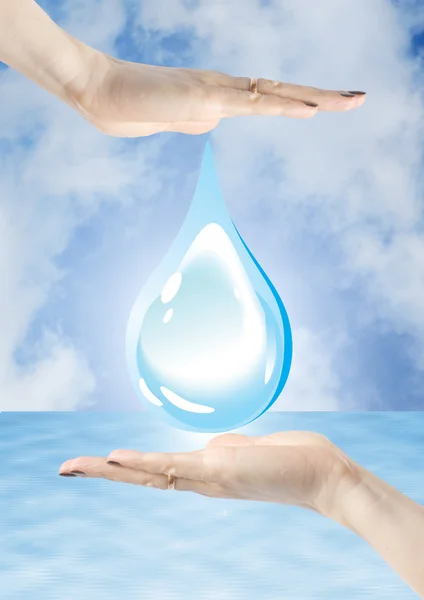 Handen met waterdruppel, bescherming van het milieu — Stockfoto