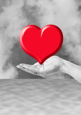 Hand holding red heart, love or medical concept on black white background clipart