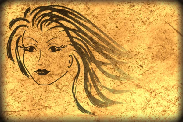 Kvinna ansikte på det gamla papperet, grunge bakgrund — Stockfoto