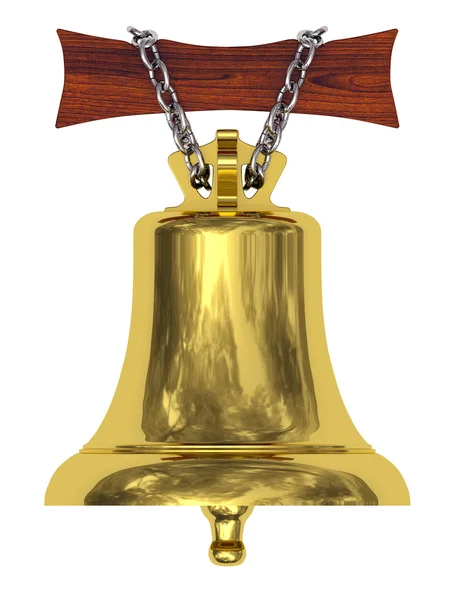 Golden ship's bell suspended on wooden board by silver chain — Stock Photo, Image