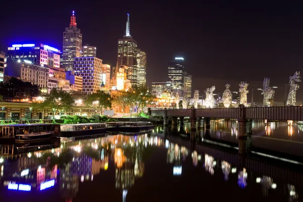 Melbourne stad bij nacht, Australië Stockfoto