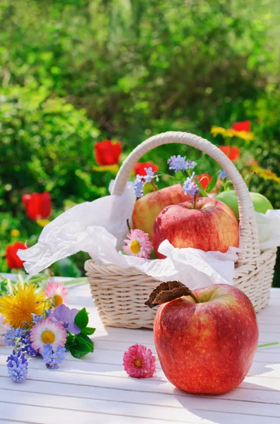 Mele rosse in cesto e fiori in giardino — Foto Stock
