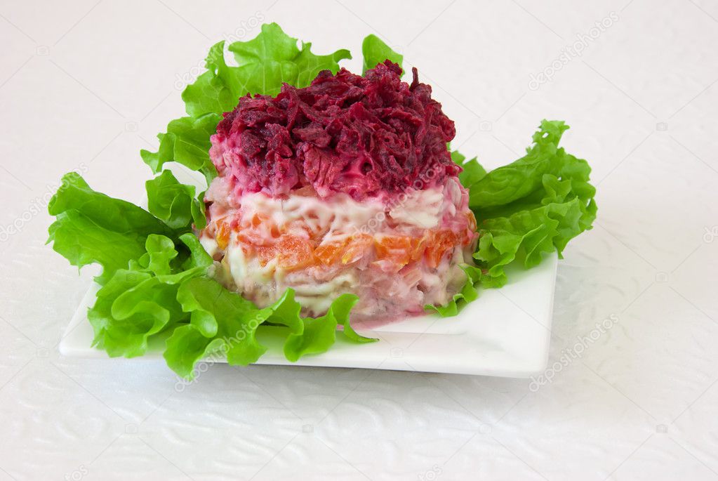 Russian vegetable salad with herring
