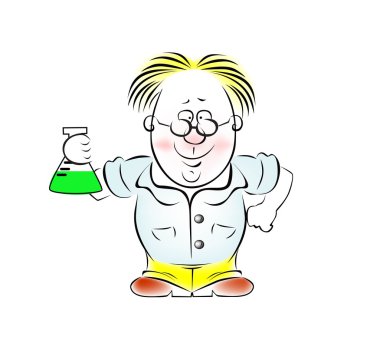 Ученый – химик с колбой в руке на белом фоне.