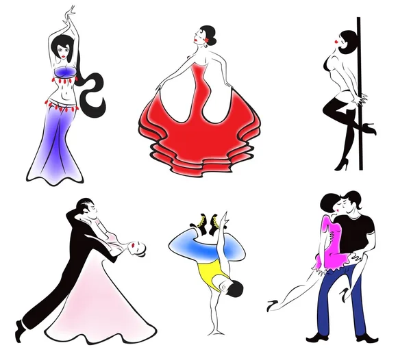 Иллюстрация шести основных танцевальных направлений - Stok Vektor