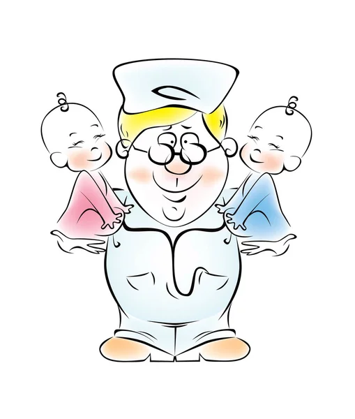 Иллюстрация детского врача, который держит на руках двойняшек.
