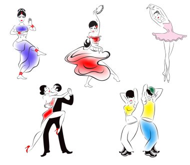 Иллюстрация пяти танцевальных стилей: индийский танец, цыганский танец, бал clipart