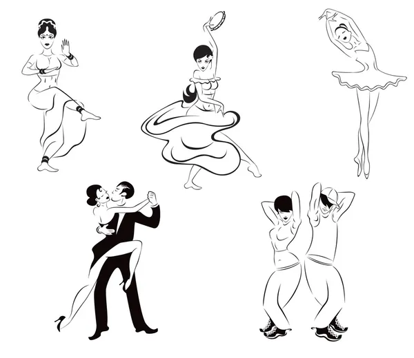 Иллюстрация пяти танцевальных стилей: индийский танец, цыганский танец, бал — Stockvector