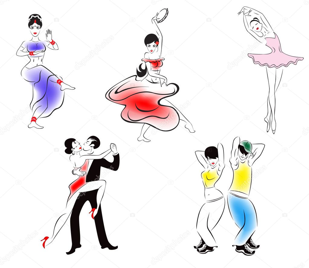 Иллюстрация пяти танцевальных стилей: индийский танец, цыганский танец, бал