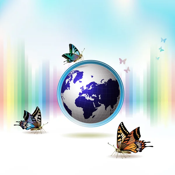 青い地球の周りの蝶 — ストックベクタ