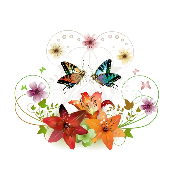 Schmetterlinge mit Blumen — Stockvektor