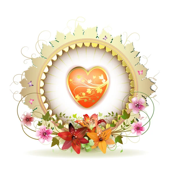 Moldura floral circular com coração — Vetor de Stock