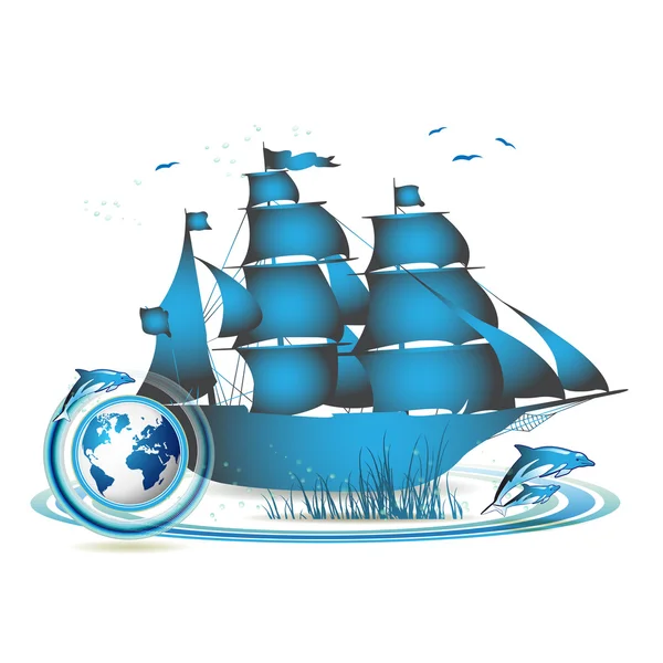 Gemi ile mavi dünya — Stok Vektör