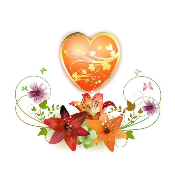 Καρδιά, διακοσμημένο με λουλούδια — Διανυσματικό Αρχείο