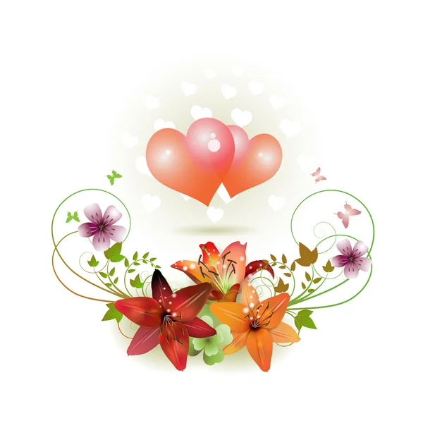 Καρδιές, διακοσμημένο με λουλούδια — Διανυσματικό Αρχείο