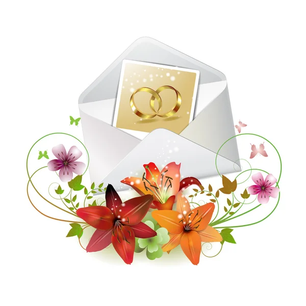 Envelope com foto de dois anel de casamento — Vetor de Stock