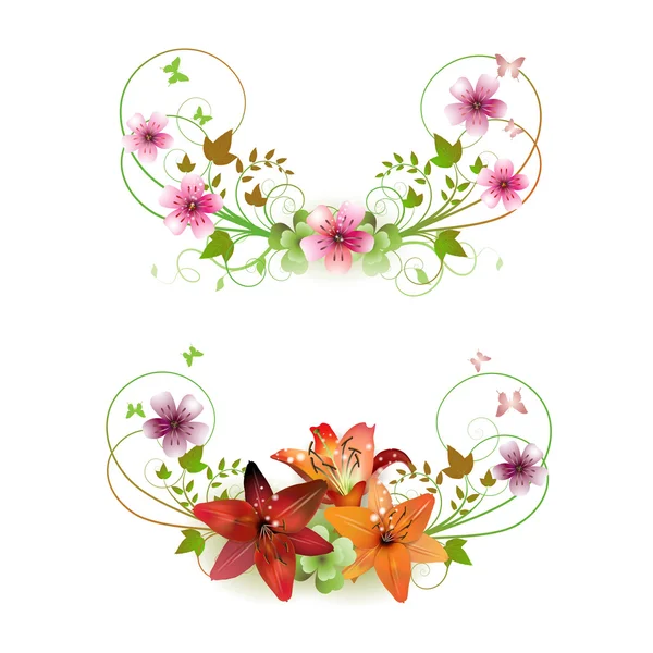 Flowers arrangement and butterflies — Stock Vector