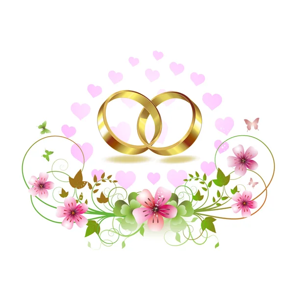 Dos anillos de boda con corazones — Vector de stock