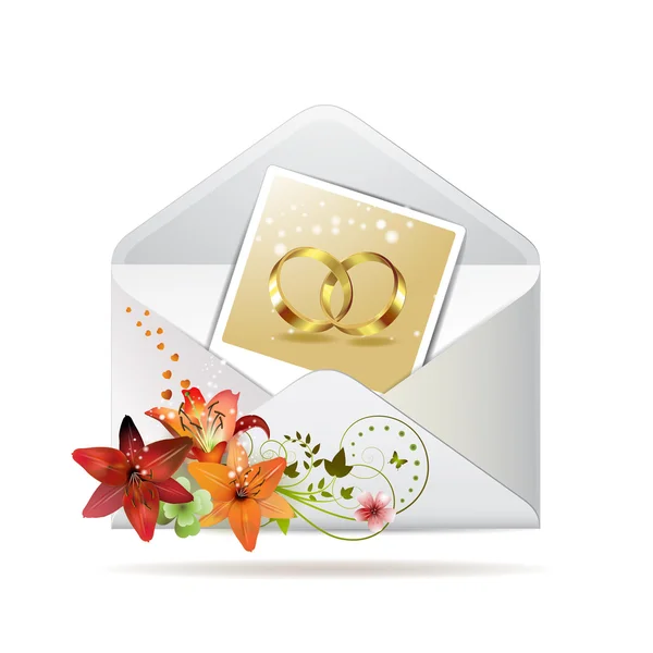 Envelope com foto de dois anel de casamento — Vetor de Stock