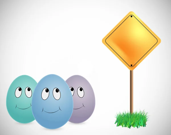 Tres huevos mirando letrero — Foto de Stock