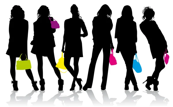 Silhouettes of the girls with colored handbags — Stock Vector