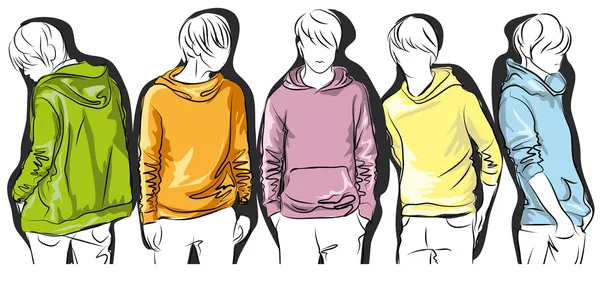 Skiss av unga män i färgglada jackor — Stock vektor