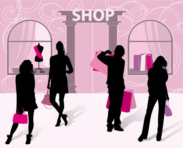 Silhouettes of men and women with shopping — Stock Vector