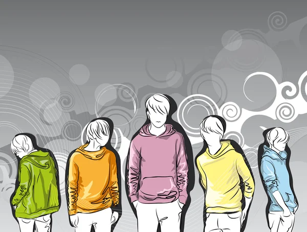 Croquis de jeunes hommes en vestes colorées — Image vectorielle